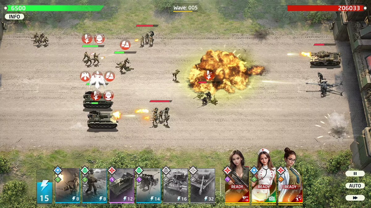 Lane-Battle-Kampf in Lust Frontiers mit Panzern und Infanterie auf dem Schlachtfeld